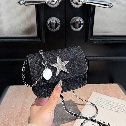 Mode Damen Stern Strass Glitzer Kette Umhängetasche Gesteppt Mini Quadrat Schultertasche Party Abend Clutch Handtasche
