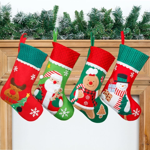 Embroidered Christmas Stocking Flannel Knitted Candy Gift Bag Santa Claus Snowman Gingerbread Man Reindeer Xmas Decoration