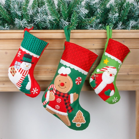 Embroidered Christmas Stocking Flannel Knitted Candy Gift Bag Santa Claus Snowman Gingerbread Man Reindeer Xmas Decoration