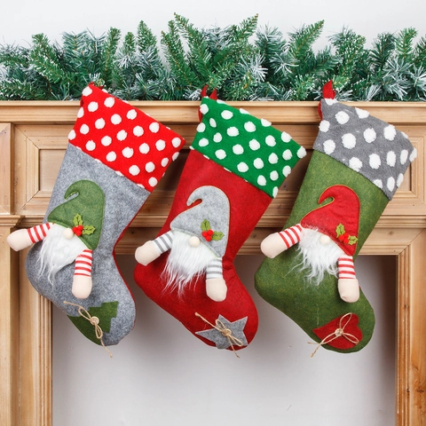 Christmas Stocking With 3D Gnome Polka Dot Cuff Felt Flannel Gift Bag For Fireplace Christmas Tree Holiday Decor Grey Green Red