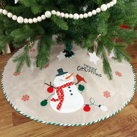 Gonna per Albero di Natale in Tela di Sacco Ricamata Babbo Natale Pupazzo di Neve Tondo Vintage Decorazione Casa Festa