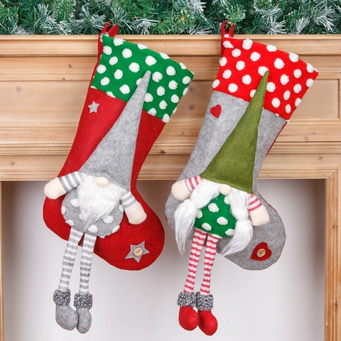 Calcetín de Navidad de Fieltro Franela Gnomo 3D Piernas Largas Tomte Barbudo Bolsa de Regalo Dulces Adorno para Chimenea