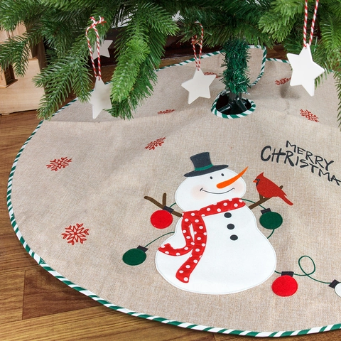 Gonna per Albero di Natale in Tela di Sacco Ricamata Babbo Natale Pupazzo di Neve Tondo Vintage Decorazione Casa Festa