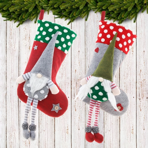 Calcetín de Navidad de Fieltro Franela Gnomo 3D Piernas Largas Tomte Barbudo Bolsa de Regalo Dulces Adorno para Chimenea