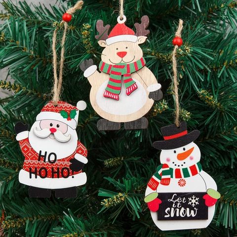 Pendentifs de Noël en Bois Père Noël Bonhomme de Neige Renne Ornement en Bois Peint Avec Corde de Jute pour Sapin Fête Maison