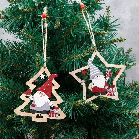 Christmas Wooden Ornaments Hollow Star Tree Hanging Pendant Gnome Pattern Red Bead Hemp Rope Xmas Party Home Decor Rustic Style
