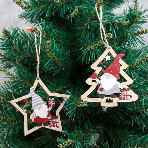 Christmas Wooden Ornaments Hollow Star Tree Hanging Pendant Gnome Pattern Red Bead Hemp Rope Xmas Party Home Decor Rustic Style