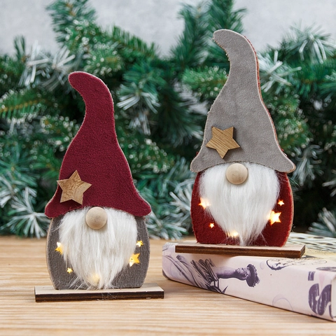 Nain de Noël en Bois Ornement Lumineux LED Figurine Scandinave Tomte Décoration de Table Fêtes