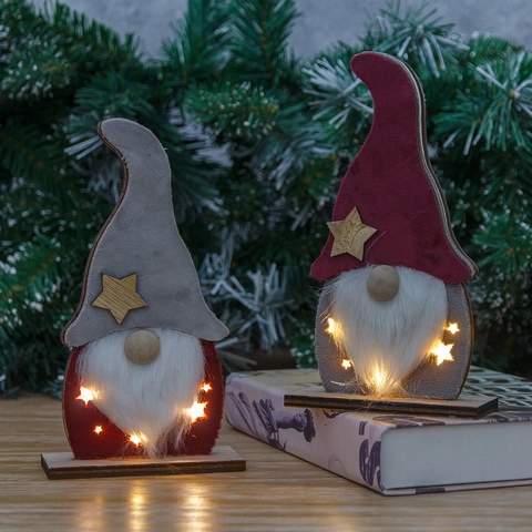 Nain de Noël en Bois Ornement Lumineux LED Figurine Scandinave Tomte Décoration de Table Fêtes