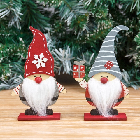 Christmas Wooden Gnome Tabletop Ornaments Red Gray Snowflake Star Pattern Santa Figurines With Faux Fur Beard Xmas Home Decor