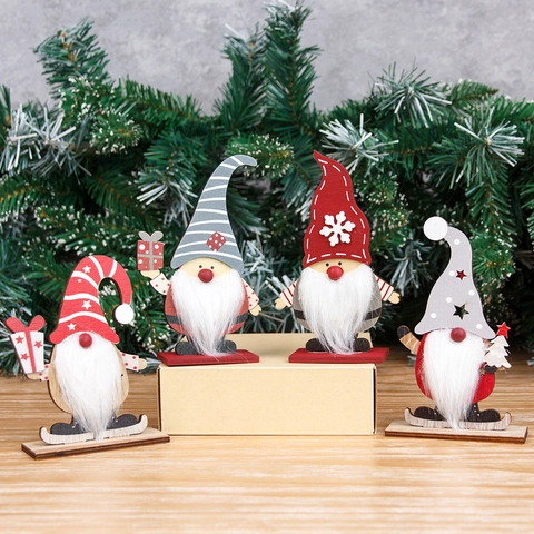 Christmas Wooden Gnome Tabletop Ornaments Red Gray Snowflake Star Pattern Santa Figurines With Faux Fur Beard Xmas Home Decor