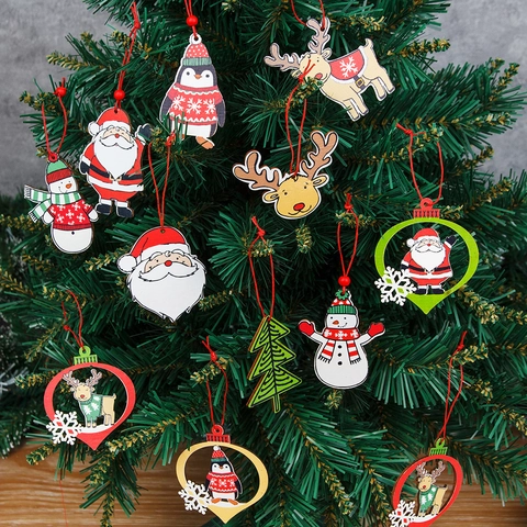 Christmas Wooden Hanging Ornaments Cartoon Santa Snowman Reindeer Penguin Christmas Tree Decorations For Xmas Party Home