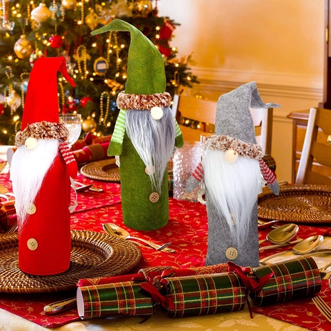 Christmas Gnome Wine Bottle Covers Faceless Old Man Wine Bottle Bags With Long Beard And Wood Buttons Table Decor