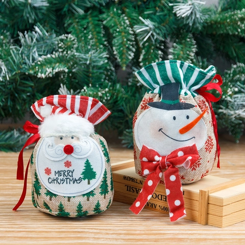 Christmas Linen Drawstring Gift Bag Santa Claus Snowman Pattern Candy Bag Festive Party Favor Packaging Bag For Holiday Apple Decoration