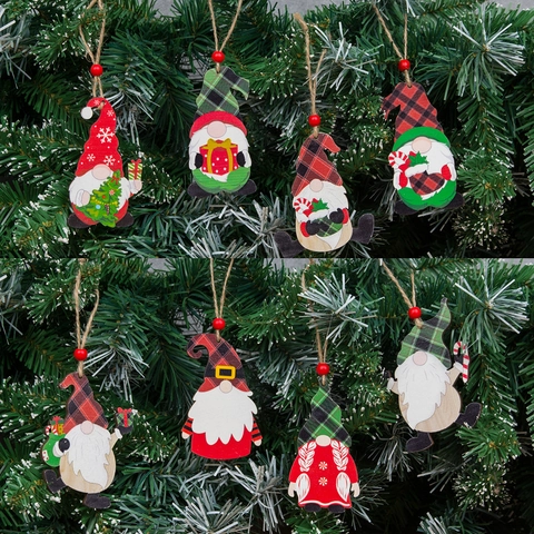 Ornamenti Appesi per Albero di Natale in Legno Statuetta di Gnomo Plaid Con Fiocco di Neve Corda di Canapa Perle Rosse Decorazioni