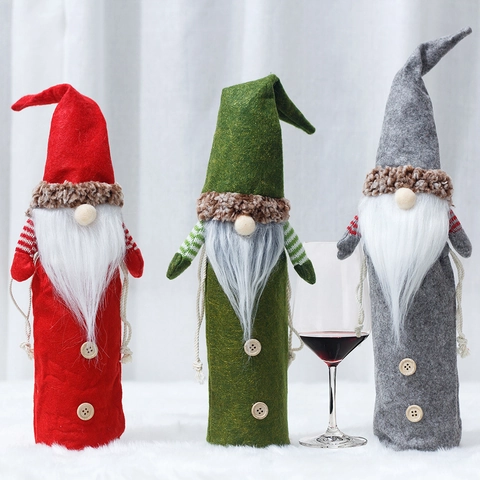 Christmas Gnome Wine Bottle Covers Faceless Old Man Wine Bottle Bags With Long Beard And Wood Buttons Table Decor