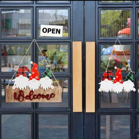 Insegna di Benvenuto in Legno con Gnomi di Natale Placca da Appendere per Porta Negozio Rustico Decorazione Albero Natale Casa