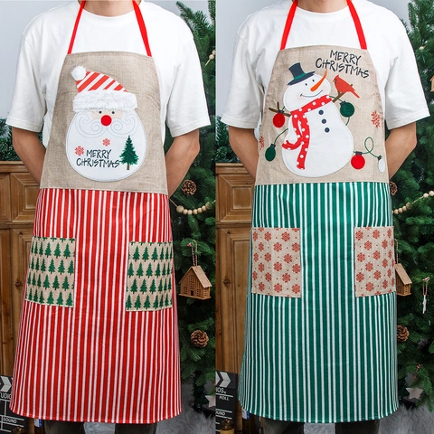 Christmas Cartoon Burlap Apron For Adults Santa Claus Snowman Striped Kitchen Bib With Double Pockets For Restaurant Waiter Decor Festive Cooking Cover