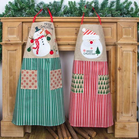 Christmas Cartoon Burlap Apron For Adults Santa Claus Snowman Striped Kitchen Bib With Double Pockets For Restaurant Waiter Decor Festive Cooking Cover