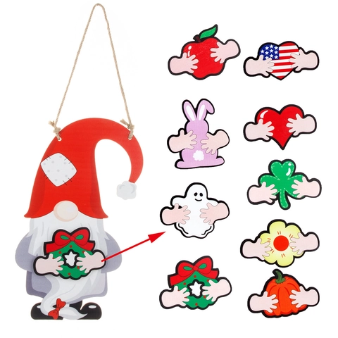 Wooden Gnome Door Sign With Interchangeable Accessories Welcome Hanging Board Red Hat White Beard Rustic Home Wall Decor