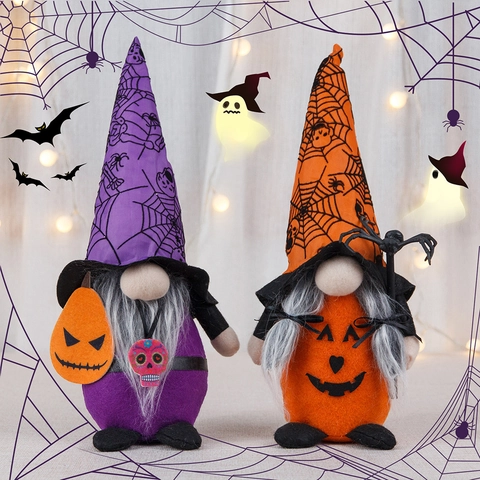 Διακοσμητικός Νάνος Halloween Λούτρινη Κούκλα Μωβ Πορτοκαλί Καπέλο Ιστός Αράχνης Χωρίς Πρόσωπο Κολοκύθα Κρανίο Διακοσμητικό