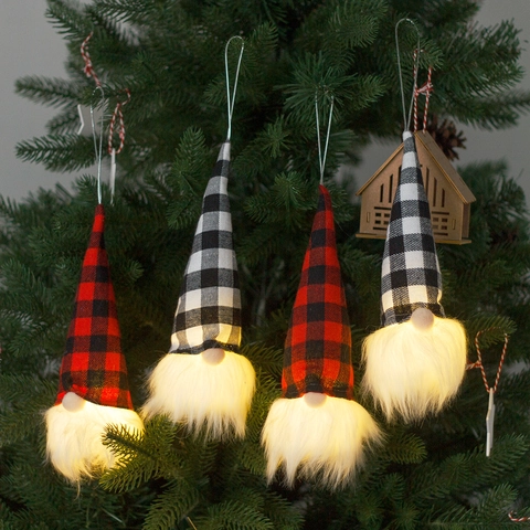 Pendenti Gnomi di Natale Luminosi LED Bambola Senza Volto a Quadretti Decorazione Albero di Natale Per Festa Casa