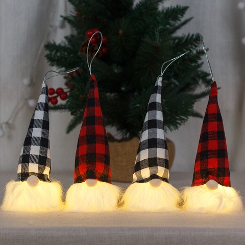 Pendenti Gnomi di Natale Luminosi LED Bambola Senza Volto a Quadretti Decorazione Albero di Natale Per Festa Casa