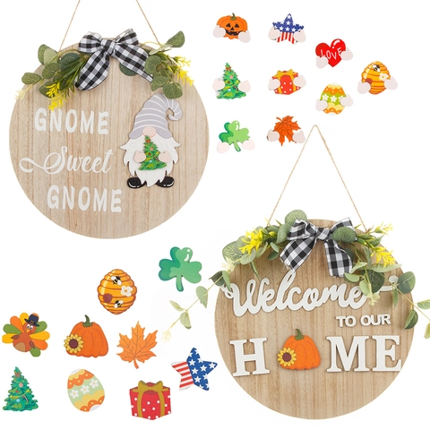 Austauschbares Saisonales Willkommensschild Holz Haustür Aufhänger Mit Gnom Kürbis Weihnachtsbaum Icons Für Feiertags Heimdeko