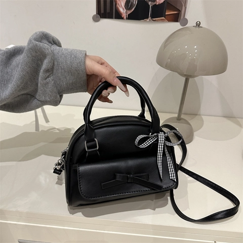 Damen PU Leder Muscheltasche Im Koreanischen Stil Mode Große Kapazität Handtasche Mit Schleife Und Kariertem Band Umhängetasche