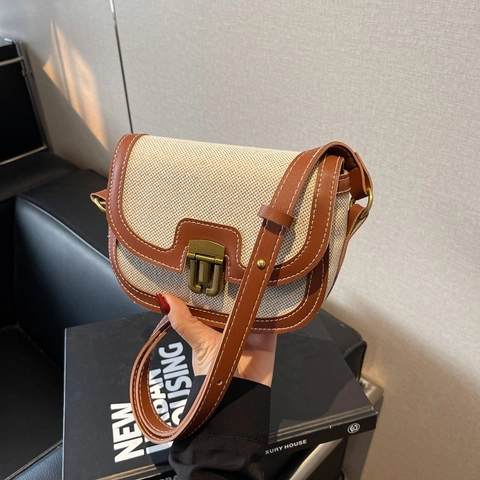 Borsa a Spalla Sella in Patchwork di Tela e Pelle PU Vintage per Donna Borsa a Tracolla a Contrasto Con Chiusura in Metallo