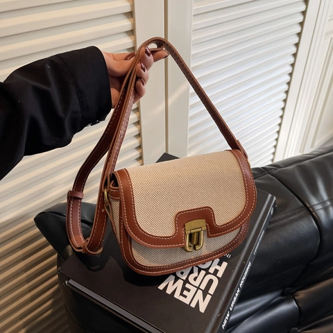 Borsa a Spalla Sella in Patchwork di Tela e Pelle PU Vintage per Donna Borsa a Tracolla a Contrasto Con Chiusura in Metallo