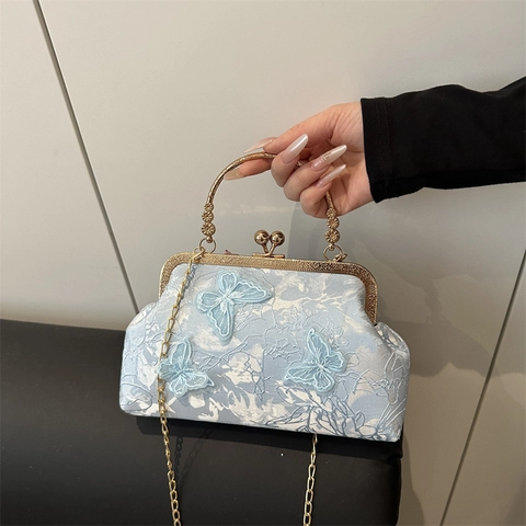 Sac Bandoulière Vintage avec Broderie Papillon en Dentelle Sac à Main Rétro Fermoir Kiss Lock Poignée Métal Chaîne Soirée