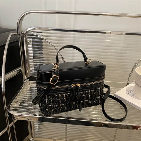 Sac à Bandoulière Femme en Cuir PU Tweed Mode Sac à Main Vintage Boîte Avec Poignée et Bandoulière Amovible pour Quotidien