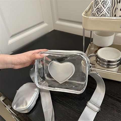 Fashionable Transparent PVC Heart Crossbody Bag For Women With Wide Shoulder Strap And Small Round Coin Purse Set