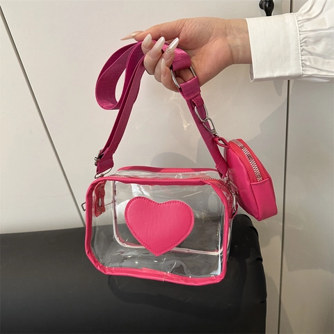 Fashionable Transparent PVC Heart Crossbody Bag For Women With Wide Shoulder Strap And Small Round Coin Purse Set