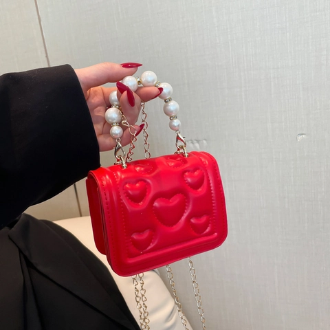 Damen Mini PU Leder Umhängetasche Mit Herzprägung Kunstperlen Griff Goldene Kette Süße Crossbody Handtasche Schmuck Box Tasche