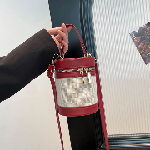 Women Cylinder Bucket Bag Canvas PU Leather Patchwork Contrast Color Handbag Shoulder Crossbody Bag Niche Design Fashion Purse