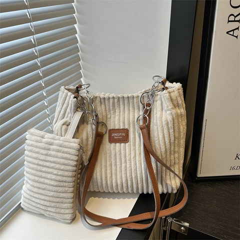 Borsa Tote in Velluto a Coste da Donna Grande Capacità Righe Borsa a Tracolla Catena Pelle Borsa Sotto-Madre Borsa a Mano Casual