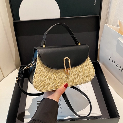 Borsa a Tracolla Donna Vintage in Paglia Intrecciata Patchwork Casual Stile Resort Piccola Borsa Quadrata Con Chiusura in Metallo