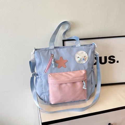 Bolso Tote de Nailon de Estilo Japonés Para Mujeres Niñas Color de Contraste Parche de Estrella Bolso de Hombro Gran Capacidad