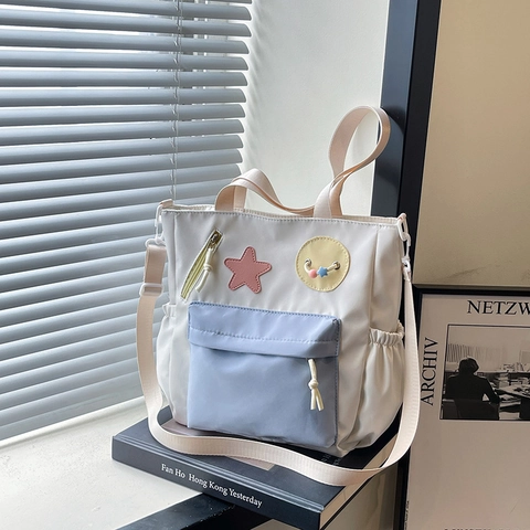 Bolso Tote de Nailon de Estilo Japonés Para Mujeres Niñas Color de Contraste Parche de Estrella Bolso de Hombro Gran Capacidad