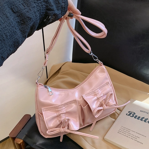 Borsa a Spalla alla Moda con Fiocco per Donna in Pelle PU Lucida Borsa Sottobraccio Design di Nicchia Borsa a Tracolla con Tasche Multiple Borsa Chic