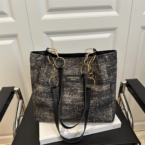 Borsa Tote da Donna di Grande Capacità Texture Denim Tweed Con Catena d'Oro Borsa a Tracolla Versatile Borsa Sottoascellare