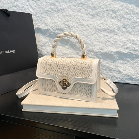 Bolso De Hombro Para Mujer De Cuero PU Tejido Cierre Metálico Floral Asa Trenzada Bolso De Mano Estilo Vintage De Color