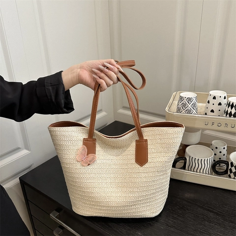 Bolso Tote De Paja Tejida De Estilo Francés Para Mujer Con Dije De Mariposa Rosa Asa De Cuero Bolso De Hombro Para Playa
