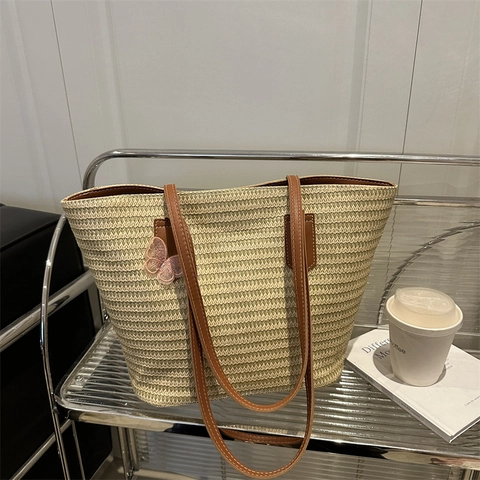 Bolso Tote De Paja Tejida De Estilo Francés Para Mujer Con Dije De Mariposa Rosa Asa De Cuero Bolso De Hombro Para Playa