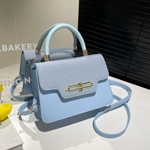 Women Fashion PU Crossbody Bag With Stitching Patchwork Denim Texture Flap Metal Chain Lock Small Square Handbag For Lady