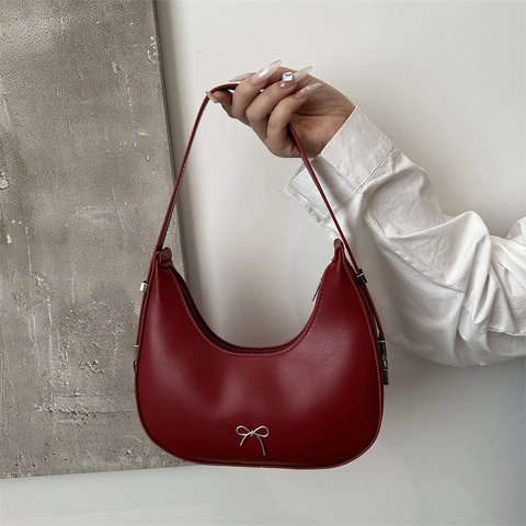 Fashion PU Leather Hobo Underarm Bag For Women Minimalist Bowknot Accent Solid Color Shoulder Bag Daily Commute Handbag