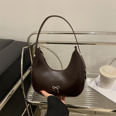Fashion PU Leather Hobo Underarm Bag For Women Minimalist Bowknot Accent Solid Color Shoulder Bag Daily Commute Handbag