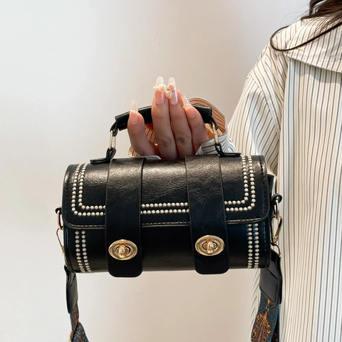Bolso Bandolera Vintage de Cuero PU para Mujer Bolso de Mano Retro con Remaches y Doble Cierre con Correa Ancha Estampado Étnico